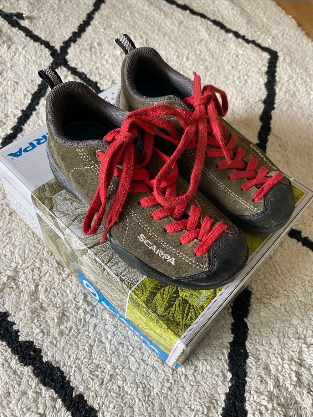 Scarpa Kids Olive Suede Sneakers with Red Laces size EU31